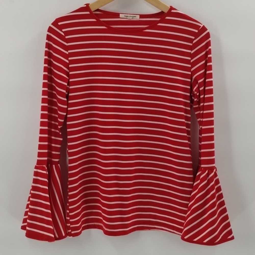 Regenbogen striped Top with bell sleeves red white size small stretch blouse